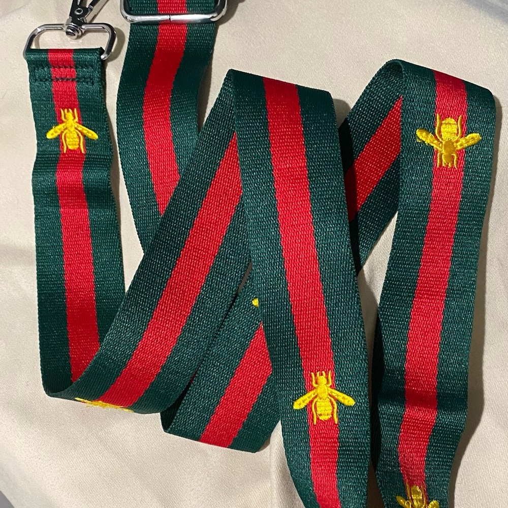 Striped Green & Red adjustable crossbody strap with Yellow Bee